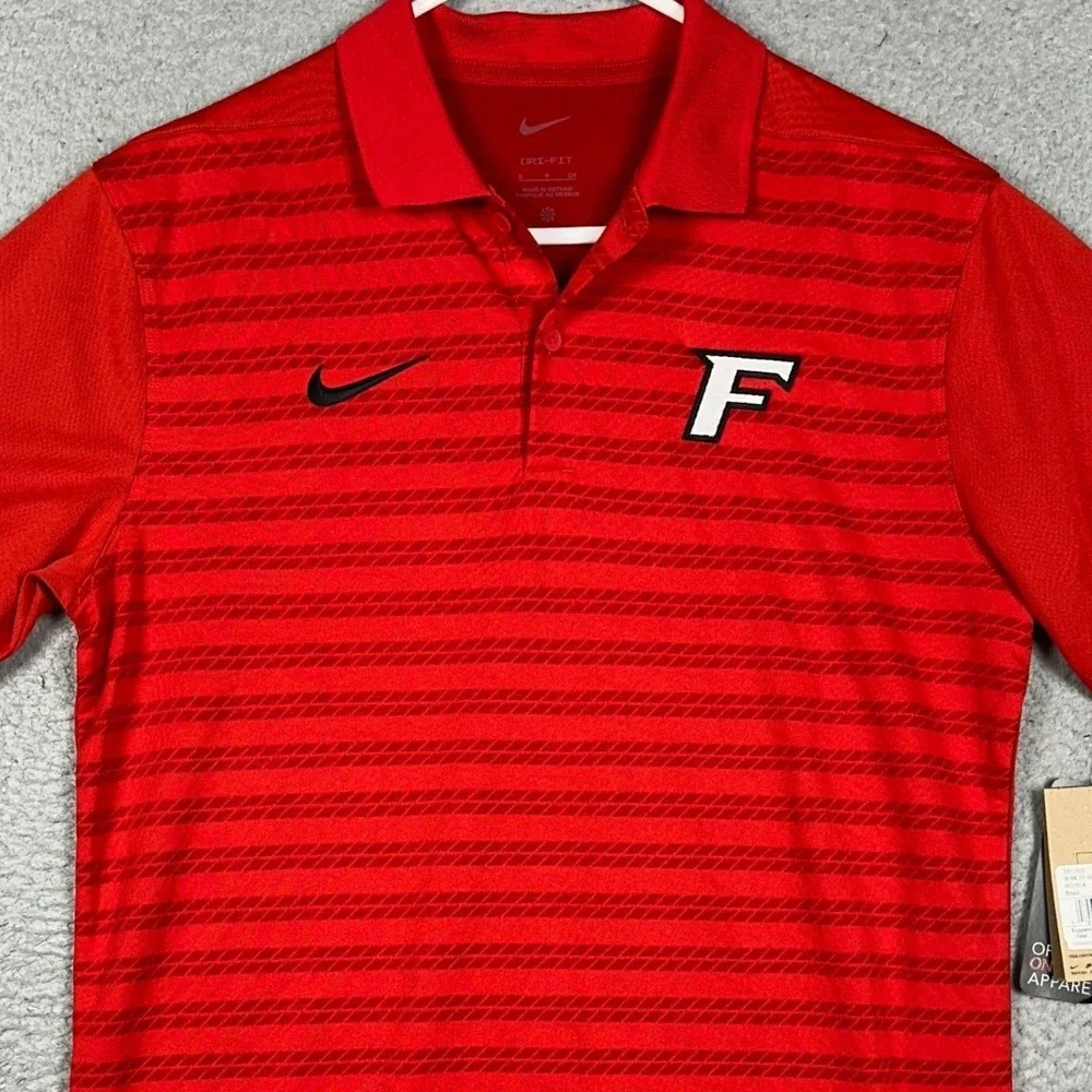 NEW Fairfield Stags Nike Victory Polo Shirt Mens Small Red Dri-Fit Striped Rugby